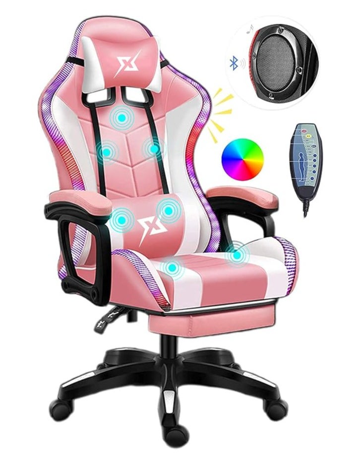 Gaming Chair LED Light Racing Chair Ergonomic Office Massage Chair Lumbar Support and Adjustable Back Bench Bluetooth Speaker