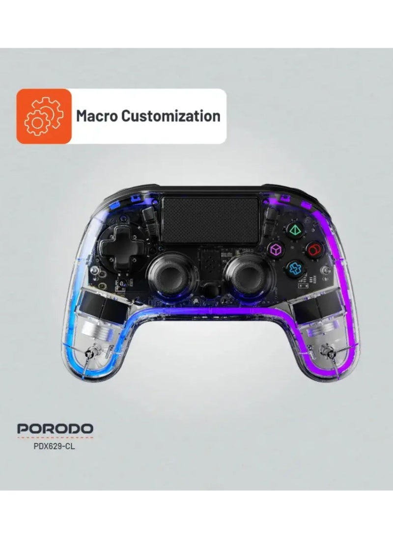 Gaming PS4 Gamepad Transparent Controller, PS4, PS3, PC (D-INPUT, X-INPUT), iOS, Android Compatibility, 3.5mm TRRS Audio Jack, Type-C Charging Port, 6-16 Hours Working Time - Clear