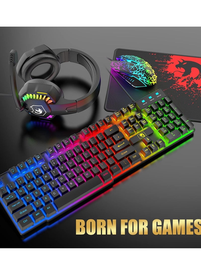 Gaming Keyboard And Mouse Headset Combo LED Backlit Wired Keyboard Over Ear Headphone With Mic