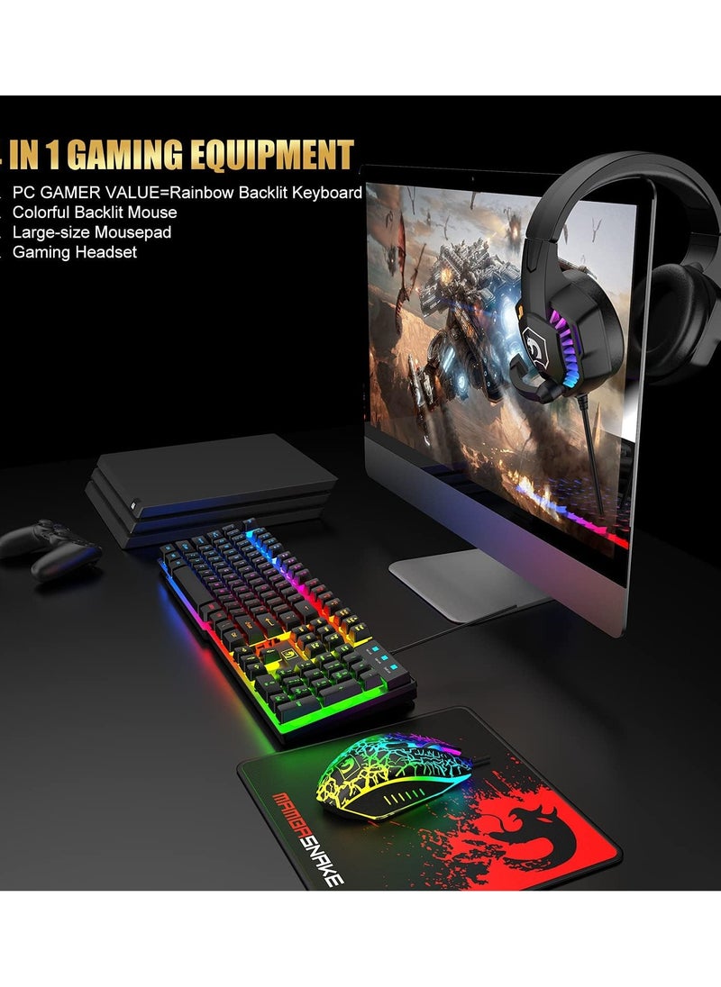 Gaming Keyboard And Mouse Headset Combo LED Backlit Wired Keyboard Over Ear Headphone With Mic