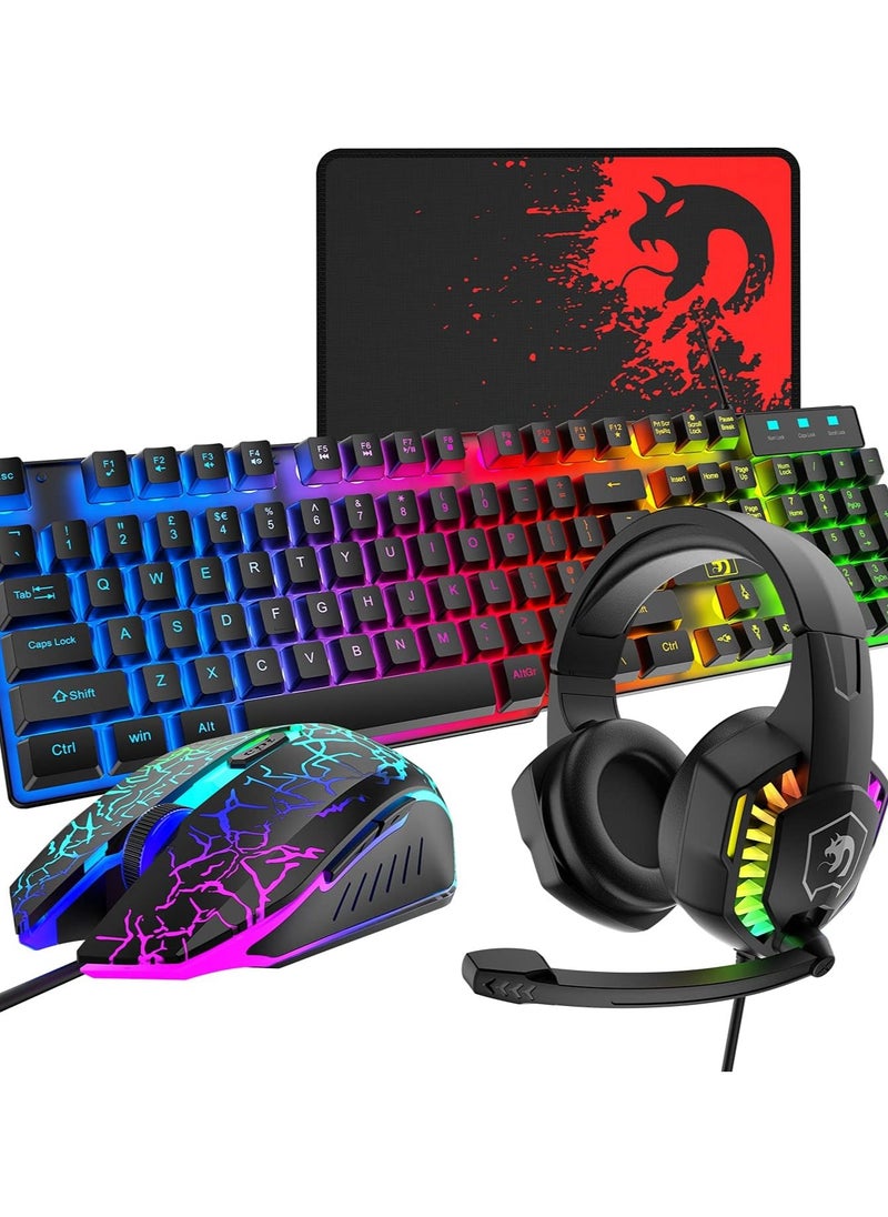 Gaming Keyboard And Mouse Headset Combo LED Backlit Wired Keyboard Over Ear Headphone With Mic