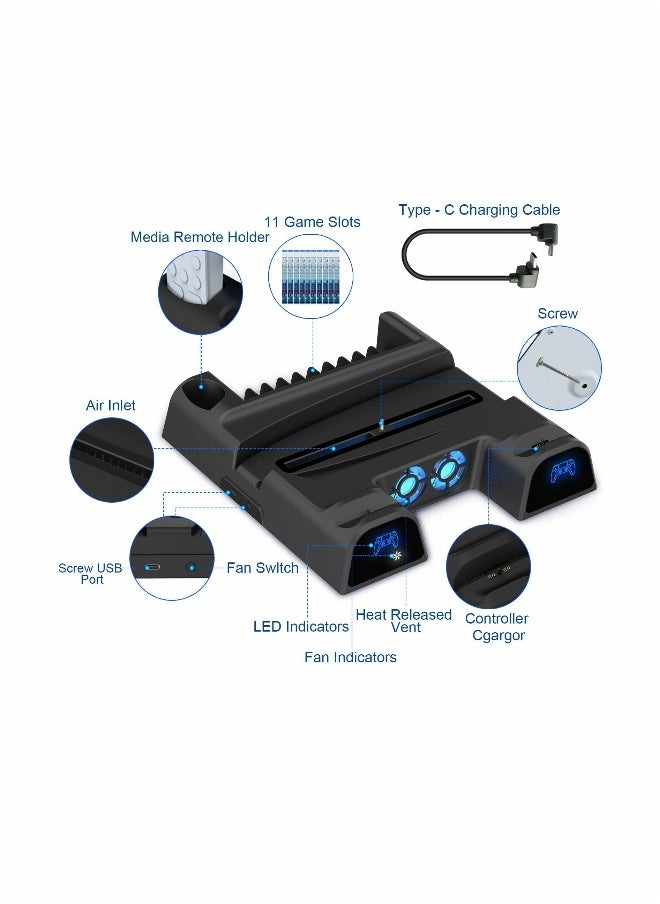 PS5 Stand with Cooling Fan -  Dual Controller Charger for Playstation 5 PS5 Console, Disc & Digital Editions with 3 Adjustable Fans Speed and USB Ports 11 Games Storage for PS5 (Black)