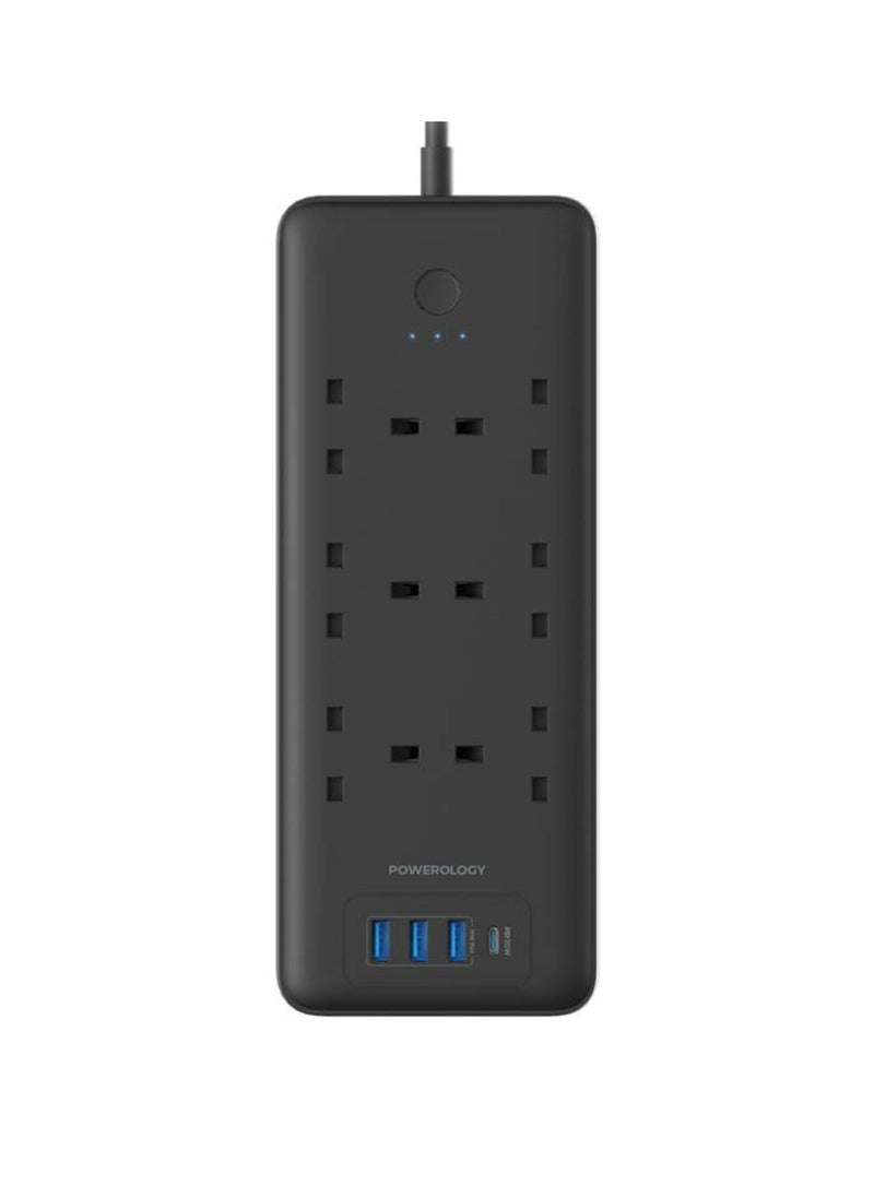 6 AC Multi-Port Power Strip 48W with Surge Protection, Fireproof Material, 3250W AC Output, 3m Cable Length, 30W Power Delivery, QC 18W - Black