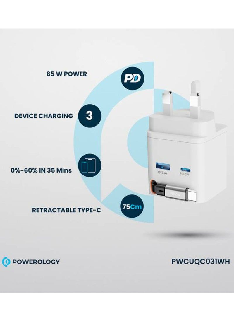 Dual Port Retractable GaN Charger, Built-in Safeguards, 3-Device Charging, 65W Power Delivery, Fire Proof Material, Patented Design, 75cm Retractable Type-C Cable - White