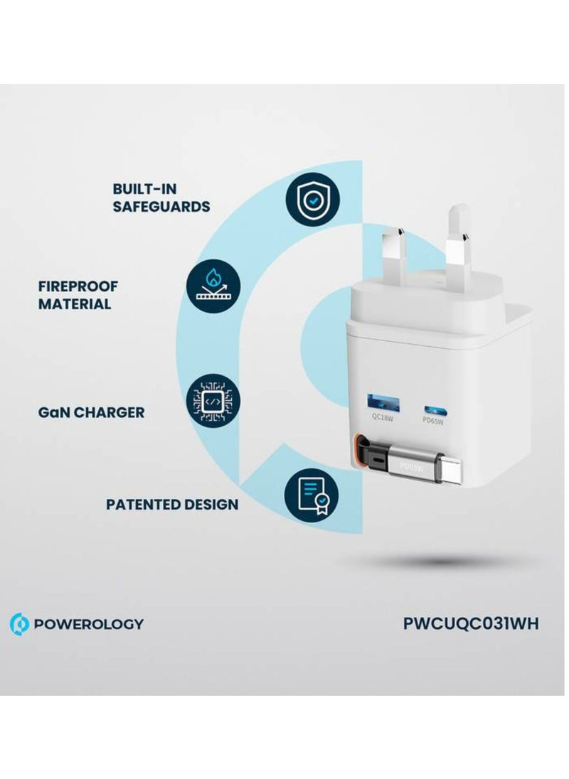 Dual Port Retractable GaN Charger, Built-in Safeguards, 3-Device Charging, 65W Power Delivery, Fire Proof Material, Patented Design, 75cm Retractable Type-C Cable - White