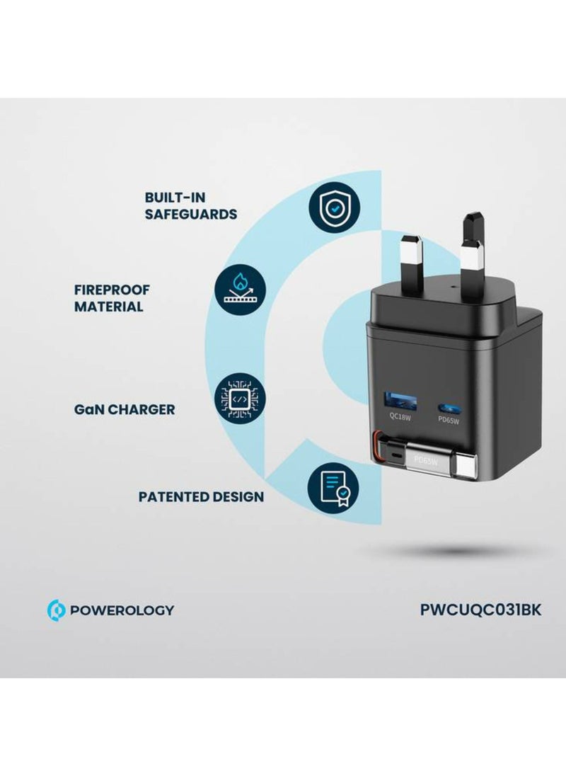 Dual Port Retractable GaN Charger, Built-in Safeguards, 3-Device Charging, 65W Power Delivery, Fire Proof Material, Patented Design, 75cm Retractable Type-C Cable - Black