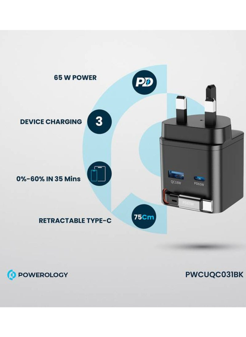 Dual Port Retractable GaN Charger, Built-in Safeguards, 3-Device Charging, 65W Power Delivery, Fire Proof Material, Patented Design, 75cm Retractable Type-C Cable - Black