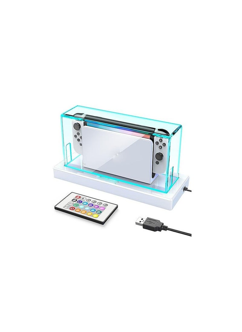 Switch Dust Cover with 16 LED Color Light Base, Compatible with Nintendo Switch/OLED, Acrylic Clear Display Box, Anti-Scratch Waterproof Slim Dock Case, Cool Switch Accessories (Includes Remote)