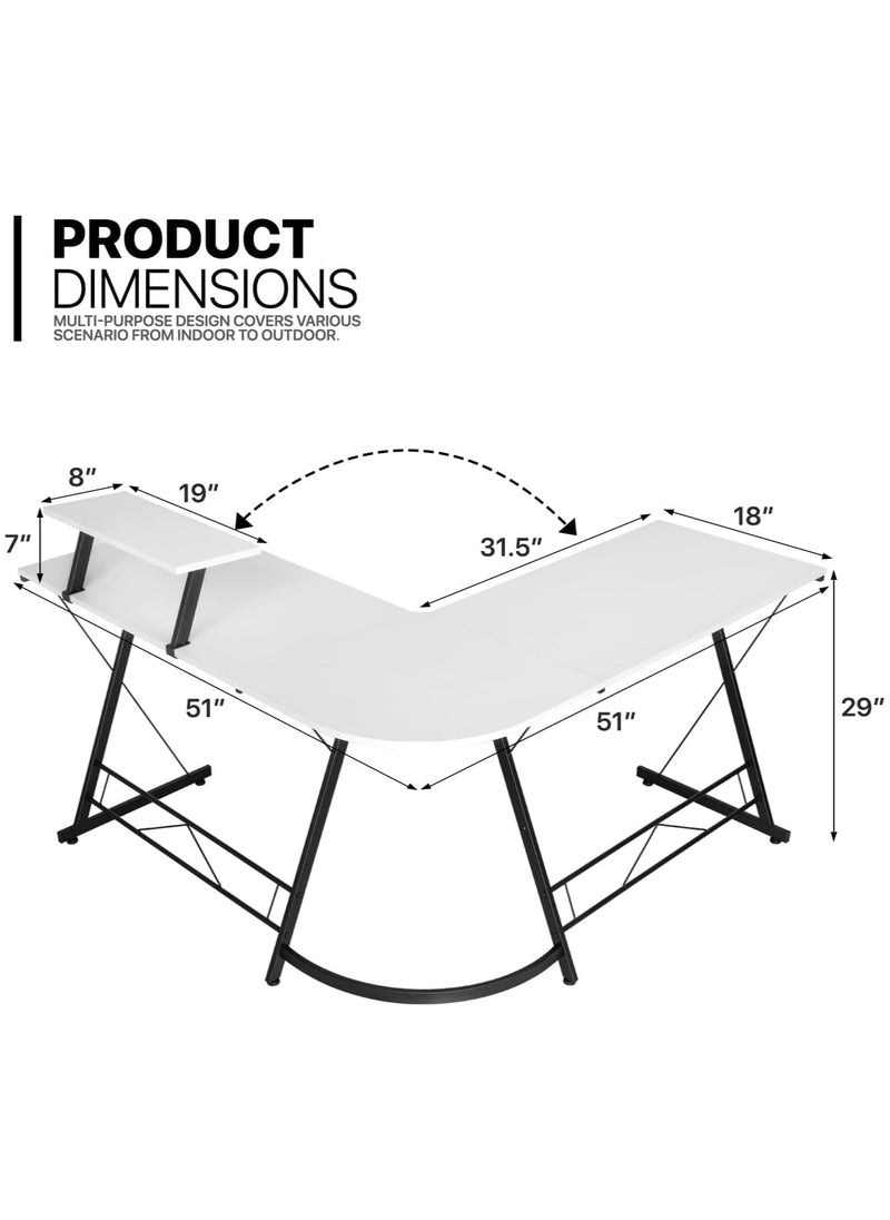 L-Shaped Desk Computer Corner Desk, L Shaped Home Office Desk, Large Gaming Desk Sturdy Writing Desk Writing Workstation, Simple Modern Gaming Desk (White, 51inch)
