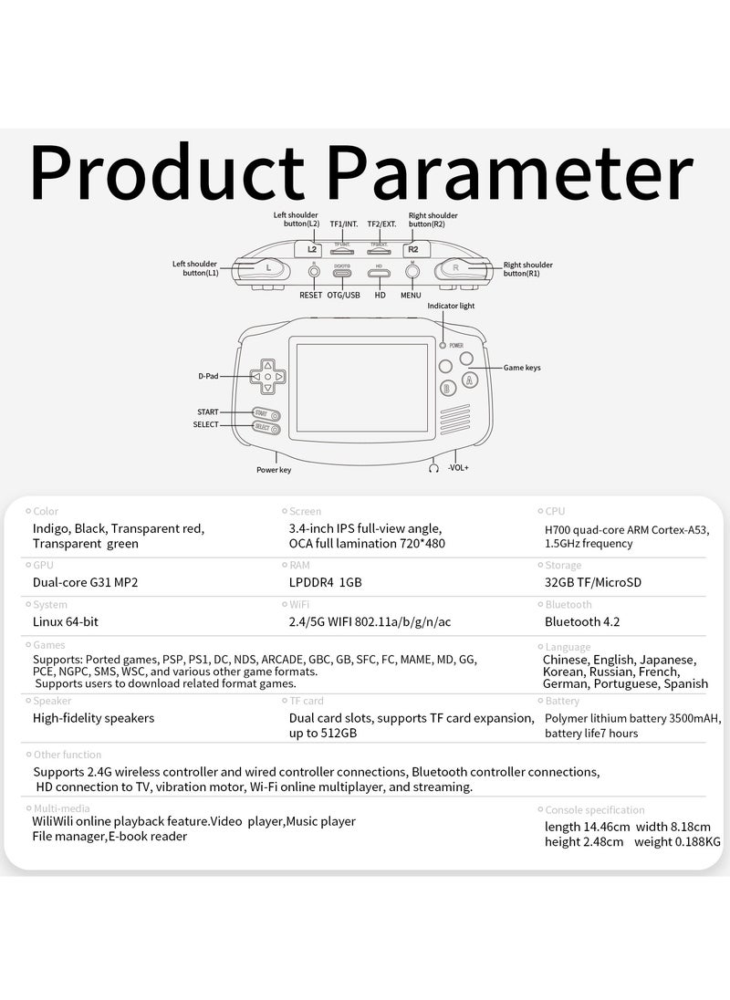 RG 34XX Handheld Game ConsoleH700 quad-core ARM  Android 13 3.4-inch IPS full-view angle 3500mAh 5G WIFI Bluetooth Retro Video Players（32G+128G）