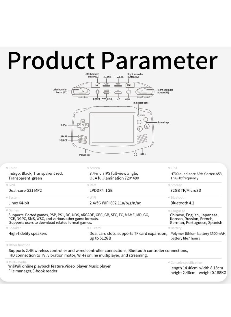 RG 34XX Handheld Game ConsoleH700 quad-core ARM  Android 13 3.4-inch IPS full-view angle 3500mAh 5G WIFI Bluetooth Retro Video Players（32G+64G）