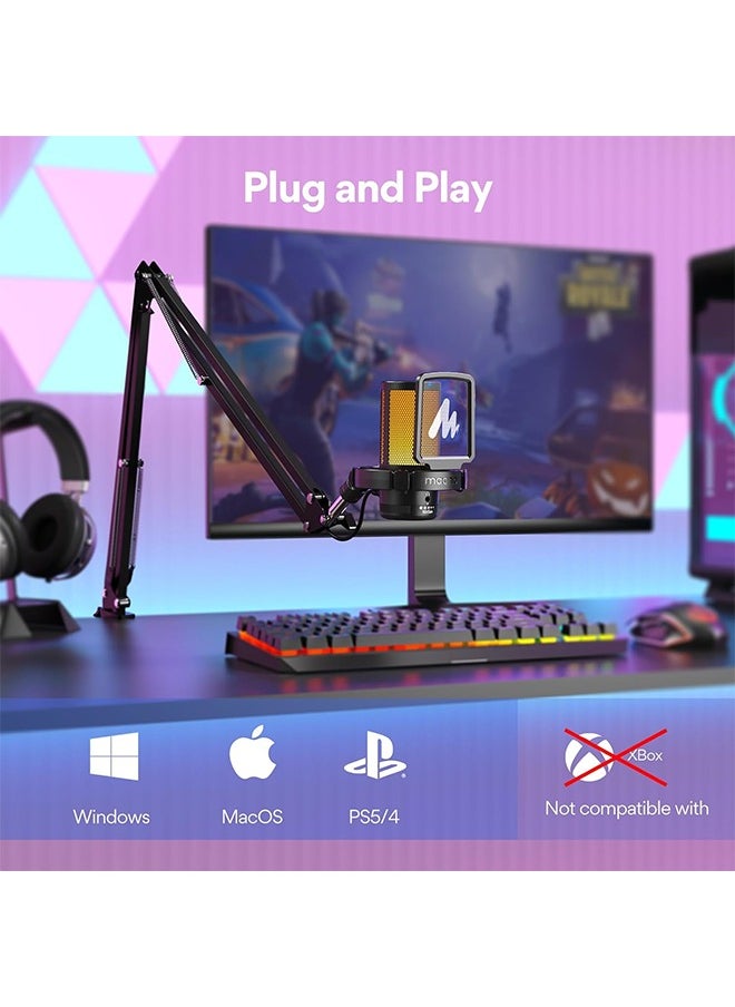 MAONO Gaming USB Microphone, Noise Cancellation Condenser mic with Mute, Gain, Monitoring, Boom Arm for Streaming, Podcast, Twitch, YouTube, Discord, PC, Computer, PS4, PS5, Mac, GamerWave DGM20S