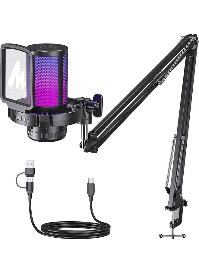 MAONO Gaming USB Microphone, Noise Cancellation Condenser mic with Mute, Gain, Monitoring, Boom Arm for Streaming, Podcast, Twitch, YouTube, Discord, PC, Computer, PS4, PS5, Mac, GamerWave DGM20S