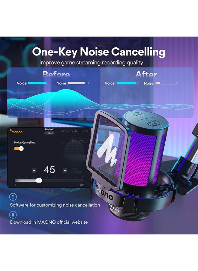 MAONO Gaming USB Microphone, Noise Cancellation Condenser mic with Mute, Gain, Monitoring, Boom Arm for Streaming, Podcast, Twitch, YouTube, Discord, PC, Computer, PS4, PS5, Mac, GamerWave DGM20S