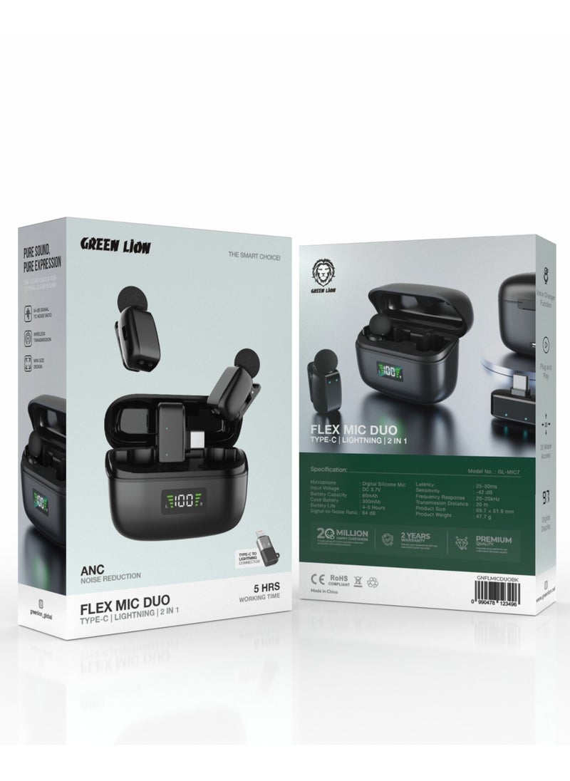 2 in 1 Flex Lavalier Microphone GL-MIC7 Duo Type-C to Lightning with Voice Changer Function and ANC Noise Reduction / Up to 5 Hours Working Time / Mini Size Design / Wireless Transmission / Digital Display - Black