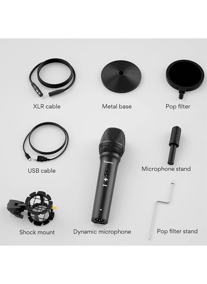 MAONO USB/XLR Podcast Dynamic Microphone, Studio Mic Kit with Volume Control, Shock Mount, Pop Filter, Ideal for Vocal, Instruments Recording, Voice Over, Live Streaming (HD300T)