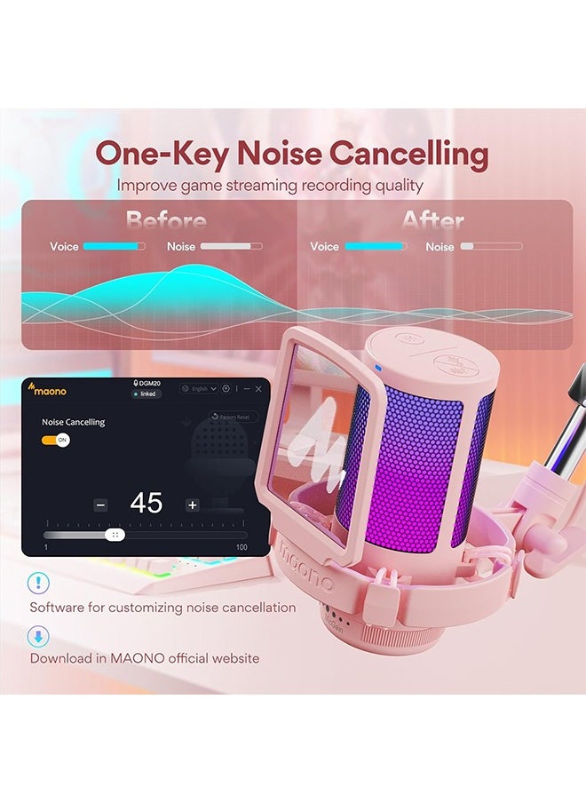 MAONO Gaming USB Microphone with Noise Cancellation, Streaming mic for PC Computer MAC PS4 PS5, All-in-One Kit with Mute, Monitor for Recording, Podcast, Twitch, YouTube, Discord, DGM20S Pink