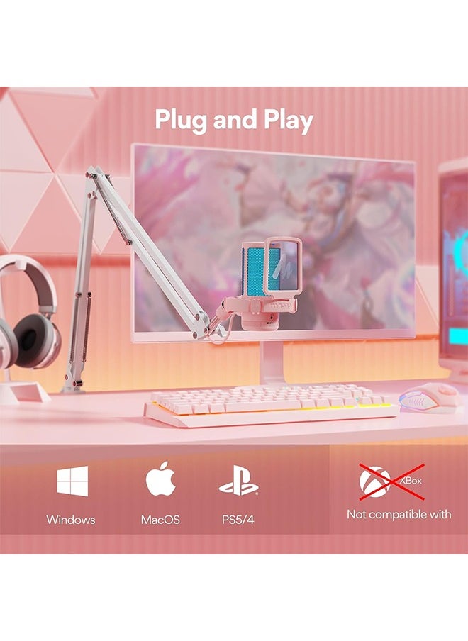 MAONO Gaming USB Microphone with Noise Cancellation, Streaming mic for PC Computer MAC PS4 PS5, All-in-One Kit with Mute, Monitor for Recording, Podcast, Twitch, YouTube, Discord, DGM20S Pink