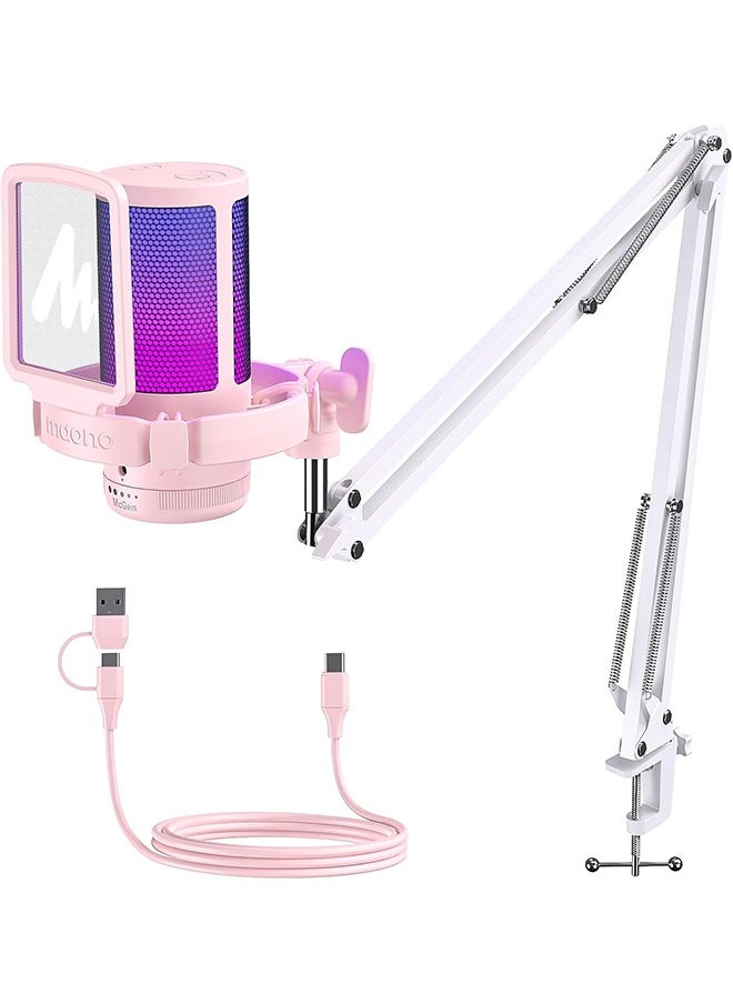 MAONO Gaming USB Microphone with Noise Cancellation, Streaming mic for PC Computer MAC PS4 PS5, All-in-One Kit with Mute, Monitor for Recording, Podcast, Twitch, YouTube, Discord, DGM20S Pink