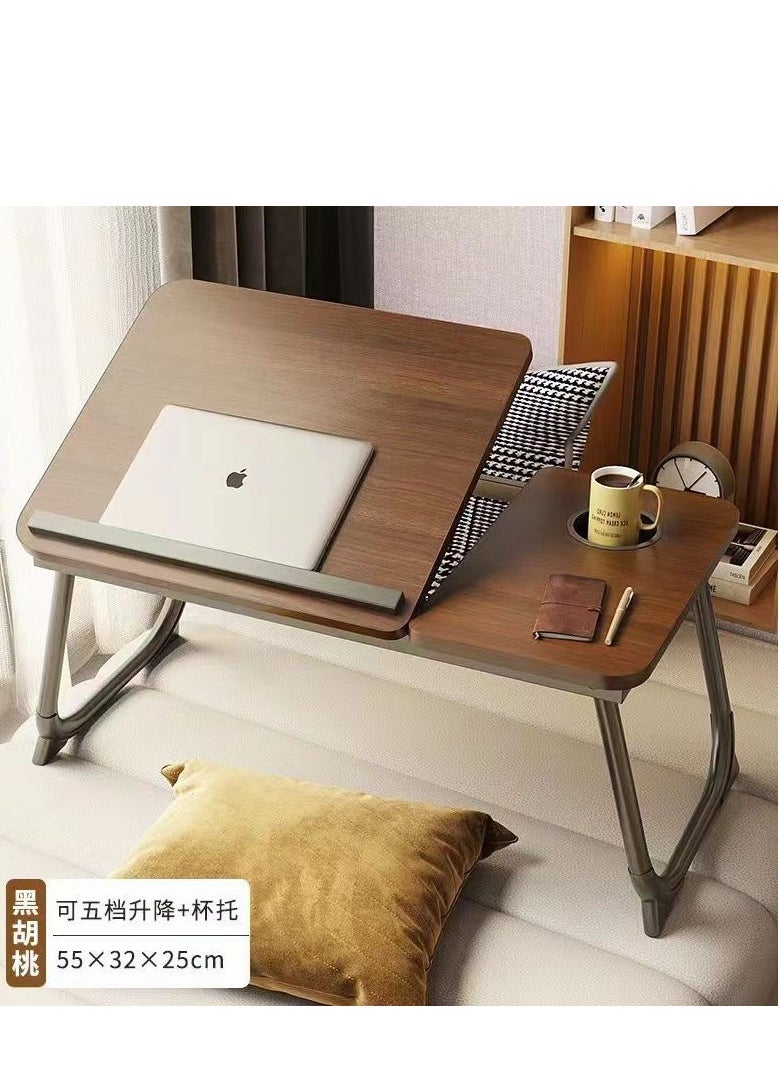 Adjustable Height Laptop Desk - Foldable Bedside Table with Cup Holder, Large u0026 Tall Version | High Quality Black Walnut Color | Reinforced Legs, Adjustable Angles, for Students and Home Use