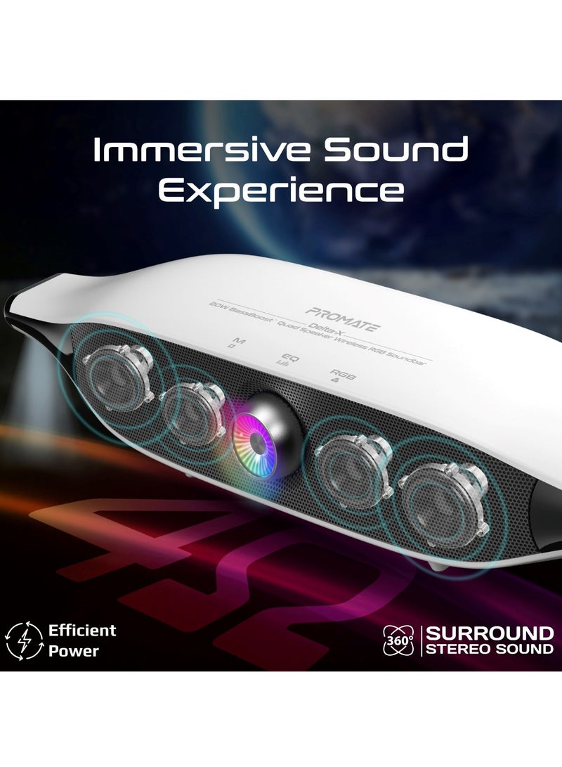 Promate Bluetooth Speaker with 20W HD Stereo Sound, Dual Bass and Treble Drivers, 3 EQ Modes, True Wireless Connection, 12 RGB Modes, 6400mAh Battery, USB Flash Support White