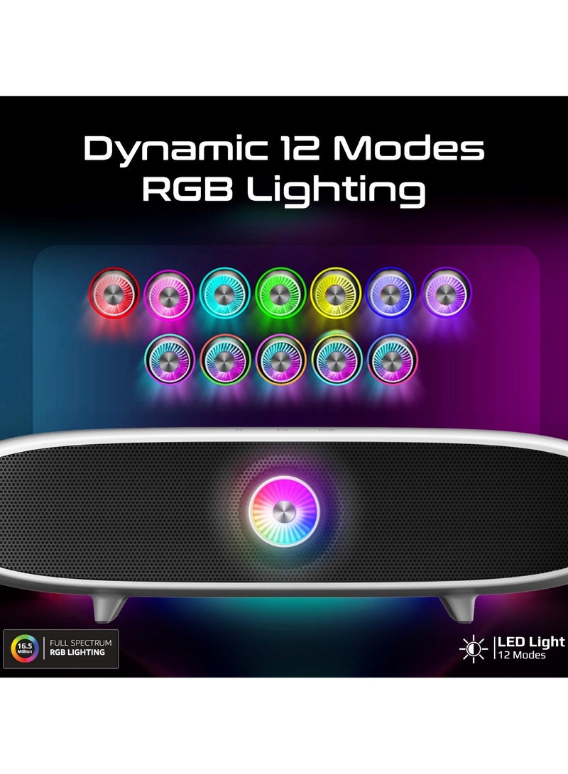 Promate Bluetooth Speaker with 20W HD Stereo Sound, Dual Bass and Treble Drivers, 3 EQ Modes, True Wireless Connection, 12 RGB Modes, 6400mAh Battery, USB Flash Support White
