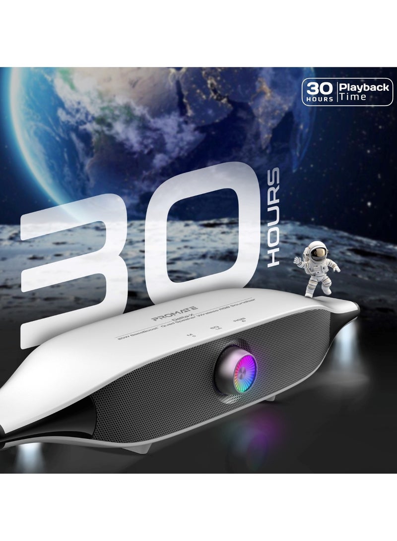 Promate Bluetooth Speaker with 20W HD Stereo Sound, Dual Bass and Treble Drivers, 3 EQ Modes, True Wireless Connection, 12 RGB Modes, 6400mAh Battery, USB Flash Support White
