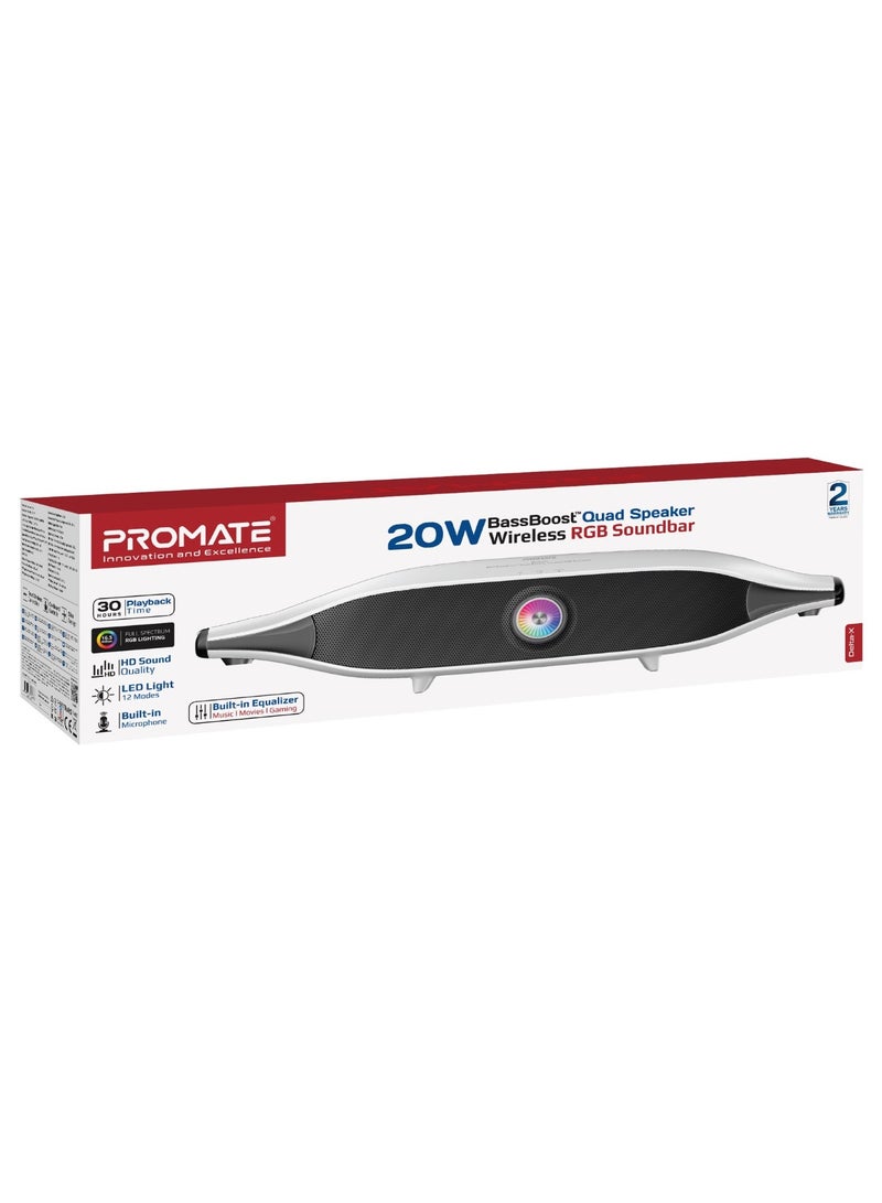 Promate Bluetooth Speaker with 20W HD Stereo Sound, Dual Bass and Treble Drivers, 3 EQ Modes, True Wireless Connection, 12 RGB Modes, 6400mAh Battery, USB Flash Support White