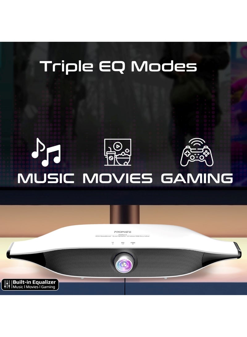 Promate Bluetooth Speaker with 20W HD Stereo Sound, Dual Bass and Treble Drivers, 3 EQ Modes, True Wireless Connection, 12 RGB Modes, 6400mAh Battery, USB Flash Support White