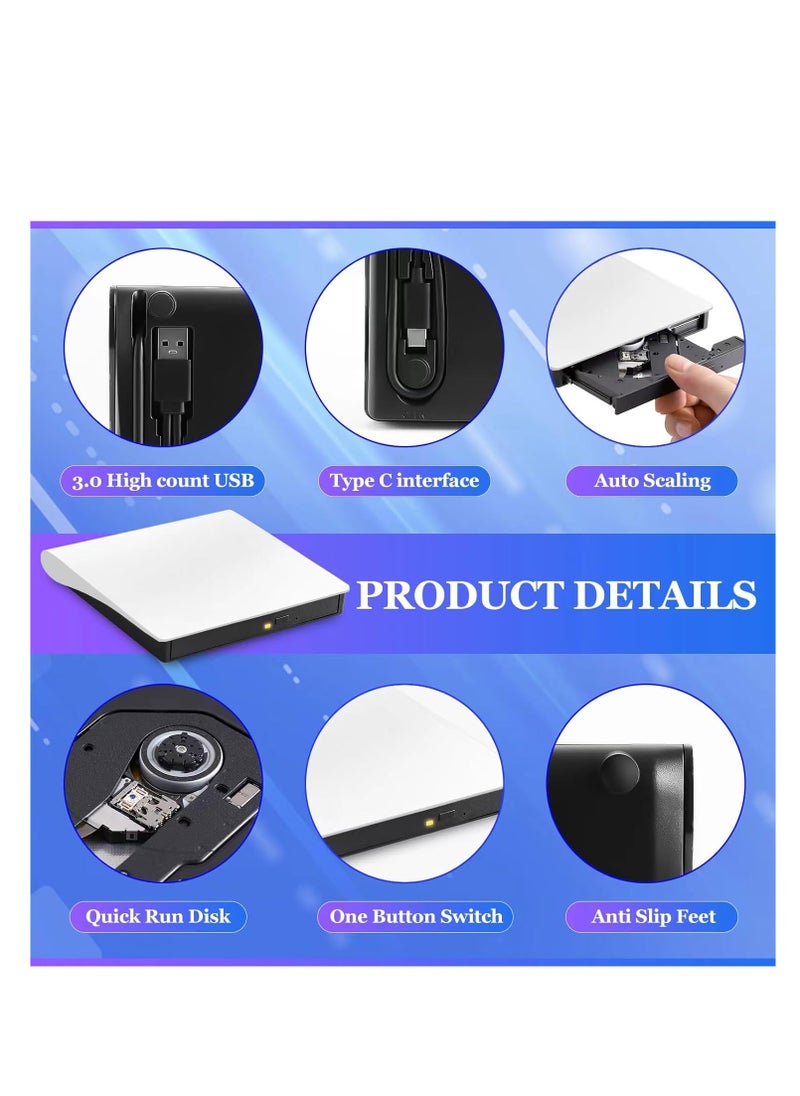 External CD/DVD Drive for Laptop, USB 3.0 Type C Portable DVD Player for Laptop, Extended Cable Power Line DVD Player, CD Burner External Disk Drive Optical Compatible with Laptop Desktop PC
