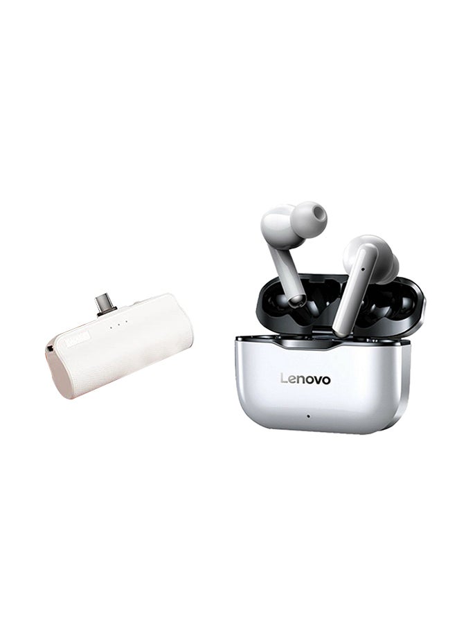 Wireless Bluetooth Earphone With 3300mAh Power Bank White/Silver
