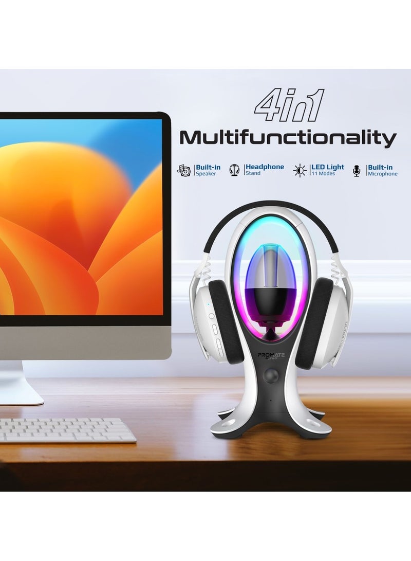 4-In-1 TWS Speaker with Headset Stand and USB Hub, Fast 480Mbps Data Transfer, USB-C and Dual USB-A Ports, Omnidirectional Microphone, 11 Stunning RGB Lighting Modes, Ergonomic Design, Alpha-X White