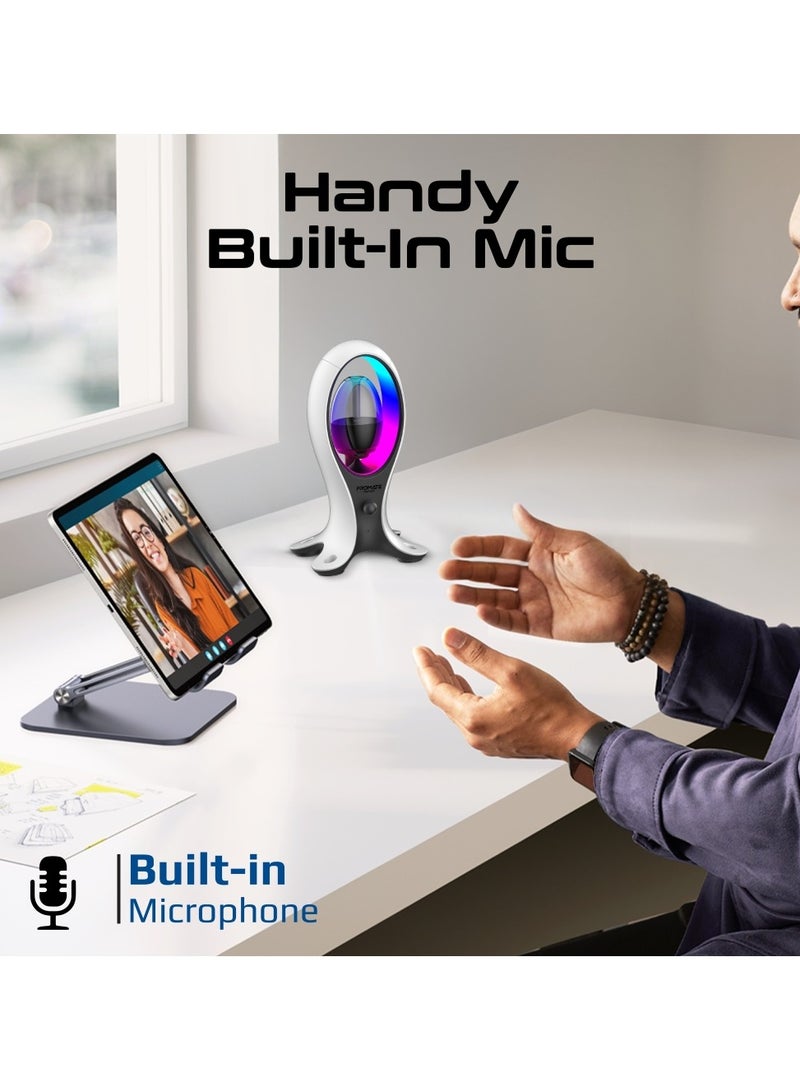 4-In-1 TWS Speaker with Headset Stand and USB Hub, Fast 480Mbps Data Transfer, USB-C and Dual USB-A Ports, Omnidirectional Microphone, 11 Stunning RGB Lighting Modes, Ergonomic Design, Alpha-X White