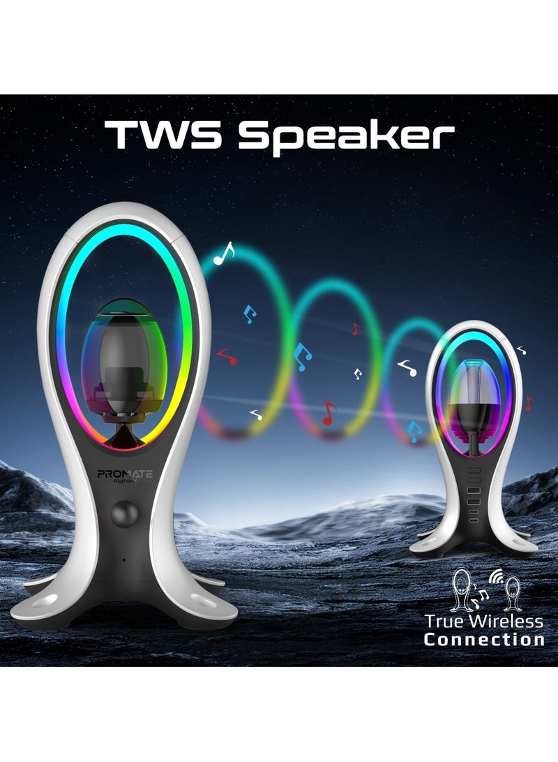 4-In-1 TWS Speaker with Headset Stand and USB Hub, Fast 480Mbps Data Transfer, USB-C and Dual USB-A Ports, Omnidirectional Microphone, 11 Stunning RGB Lighting Modes, Ergonomic Design, Alpha-X White