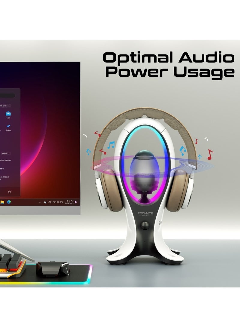 4-In-1 TWS Speaker with Headset Stand and USB Hub, Fast 480Mbps Data Transfer, USB-C and Dual USB-A Ports, Omnidirectional Microphone, 11 Stunning RGB Lighting Modes, Ergonomic Design, Alpha-X White