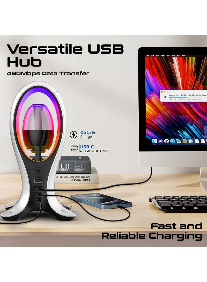 4-In-1 TWS Speaker with Headset Stand and USB Hub, Fast 480Mbps Data Transfer, USB-C and Dual USB-A Ports, Omnidirectional Microphone, 11 Stunning RGB Lighting Modes, Ergonomic Design, Alpha-X White