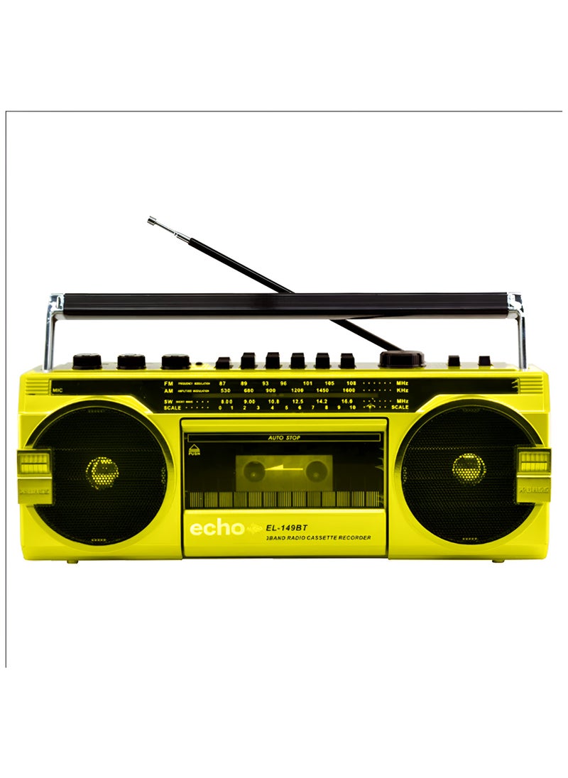 Echo Audio Retro Blast Bluetooth Boombox Portable Cassette Player Tape Recorder AM/FM/SW 3 Band Radio Two 8W X-Bass Speakers Voice Recording Headphone Jack Supports USB and SD Cards