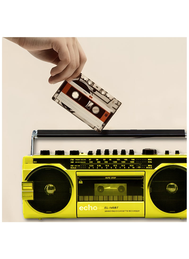 Echo Audio Retro Blast Bluetooth Boombox Portable Cassette Player Tape Recorder AM/FM/SW 3 Band Radio Two 8W X-Bass Speakers Voice Recording Headphone Jack Supports USB and SD Cards