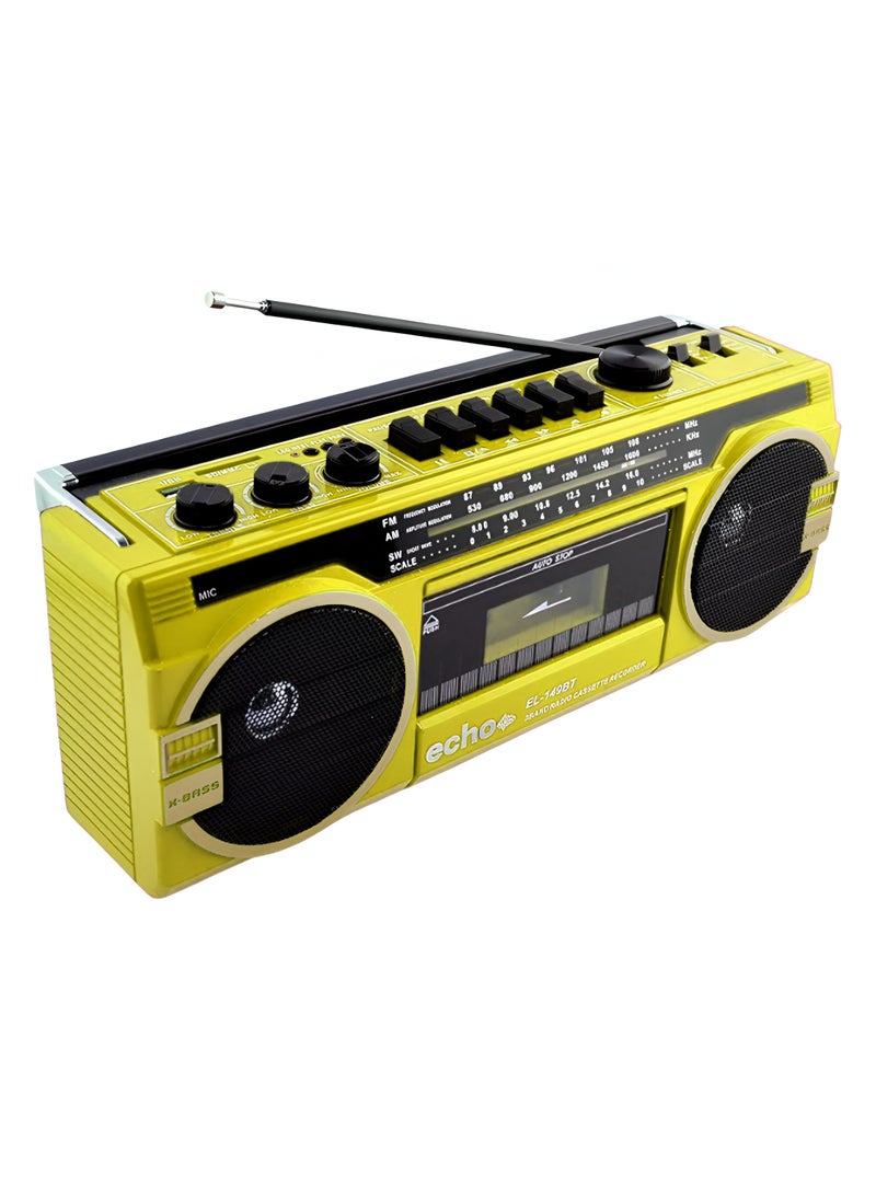 Echo Audio Retro Blast Bluetooth Boombox Portable Cassette Player Tape Recorder AM/FM/SW 3 Band Radio Two 8W X-Bass Speakers Voice Recording Headphone Jack Supports USB and SD Cards