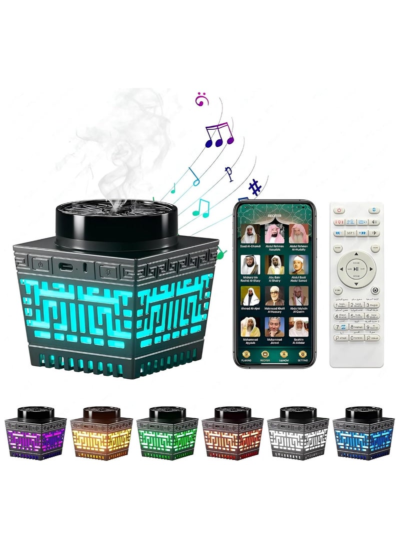 Quran Speaker with Bakhoor Burner, Remote Control Mini Incense Burner Multicolor Changing Bluetooth Quran Speaker MP3 Music Player with 18 Reciters and 17 Translations (Black)