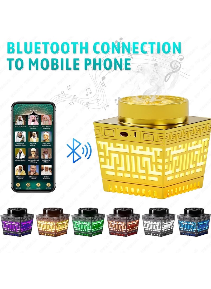 Quran Speaker with Bakhoor Burner, Remote Control Mini Incense Burner Multicolor Changing Bluetooth Quran Speaker MP3 Music Player with 18 Reciters and 17 Translations (Gold)