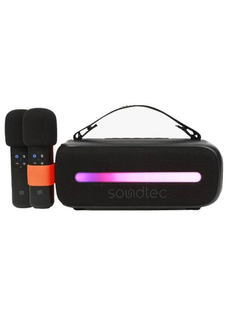 Soundtec 24W Bluetooth Speaker with Dual Wireless Microphone, Carrying Strap, Powerful Bass, FM Function, RGB Light - Black