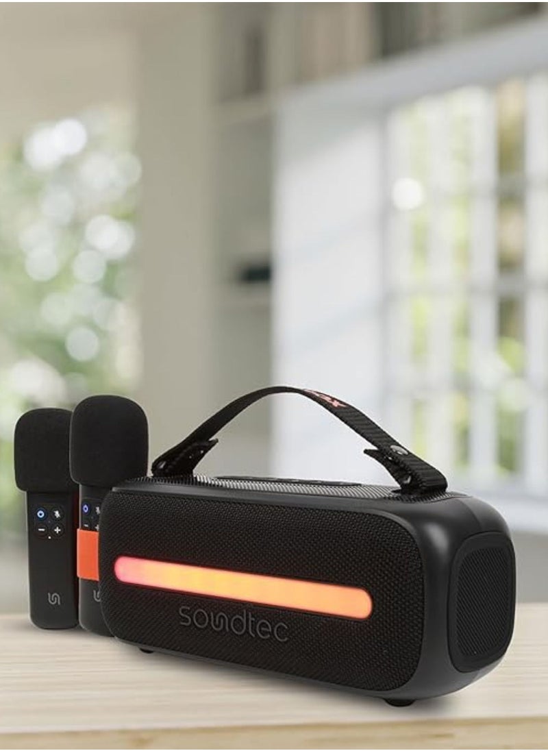 Soundtec 24W Bluetooth Speaker with Dual Wireless Microphone, Carrying Strap, Powerful Bass, FM Function, RGB Light - Black