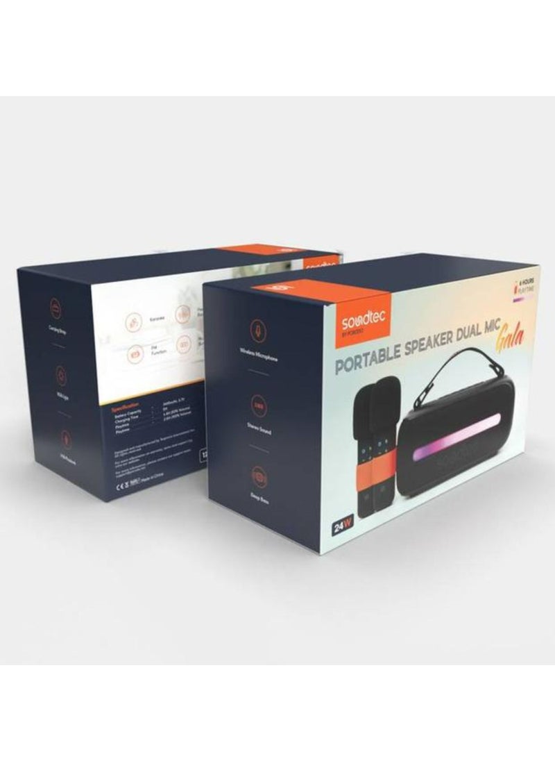 Soundtec 24W Bluetooth Speaker with Dual Wireless Microphone, Carrying Strap, Powerful Bass, FM Function, RGB Light - Black