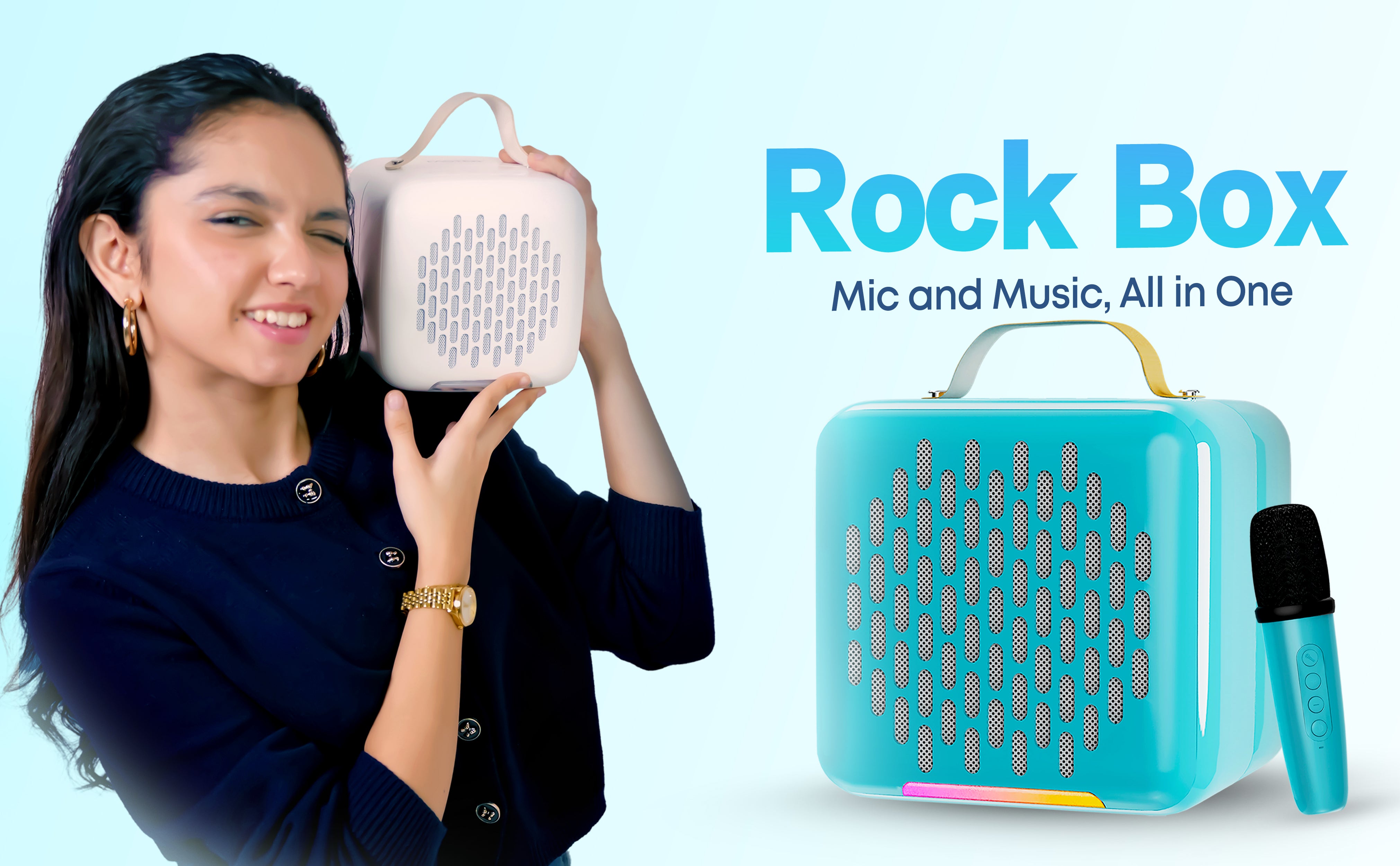 Rock Box Portable Bluetooth Speaker - Karaoke Speaker with Wireless Mic – Mini Party Speaker with Colorful Lights, 10W HD Sound, 8H Playtime, Bluetooth 5.4, TF/USB/AUX Support – for Home, Outdoor, Travel & Kids (Blue)