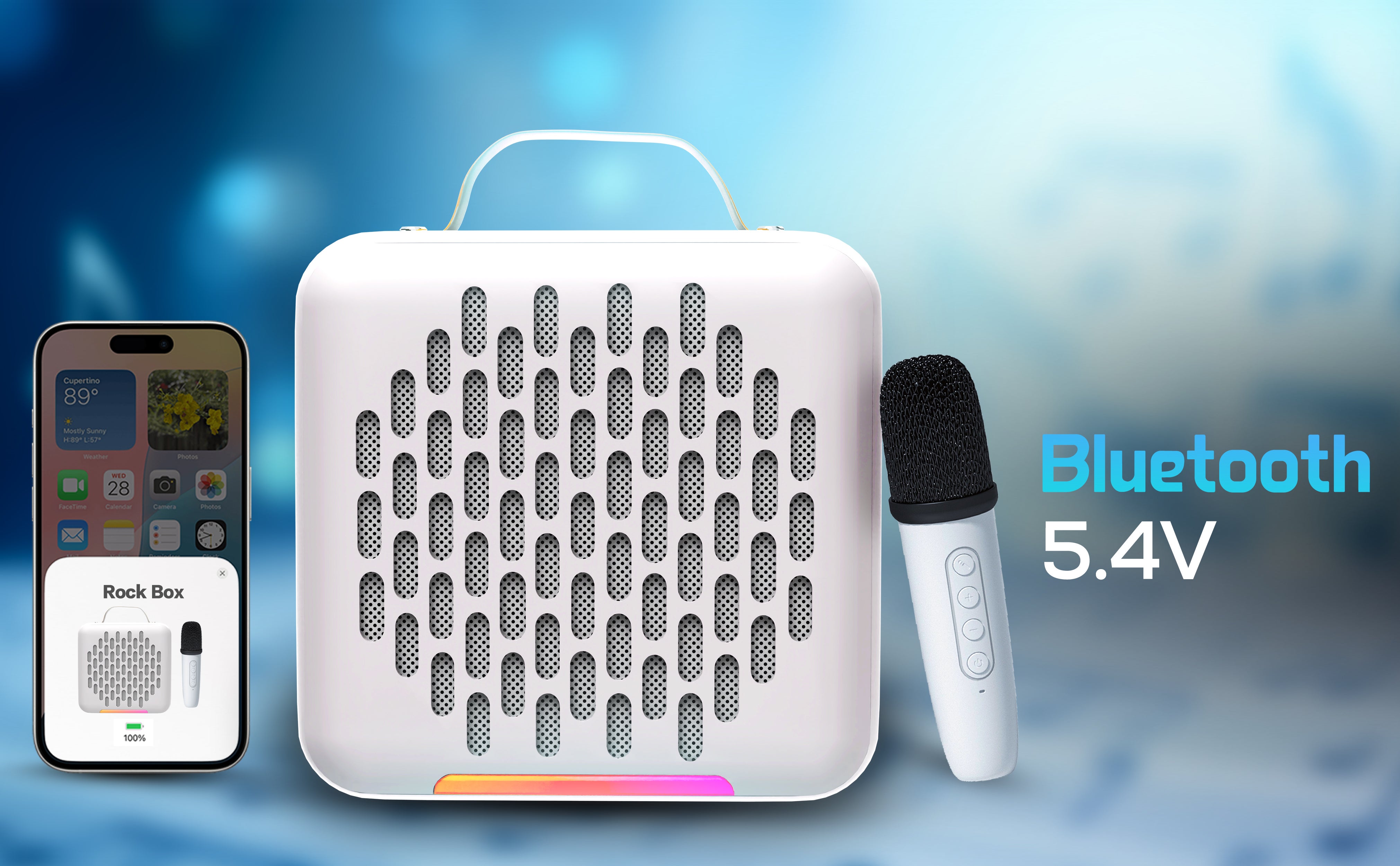 Rock Box Portable Bluetooth Speaker - Karaoke Speaker with Wireless Mic – Mini Party Speaker with Colorful Lights, 10W HD Sound, 8H Playtime, Bluetooth 5.4, TF/USB/AUX Support – for Home, Outdoor, Travel & Kids (Blue)