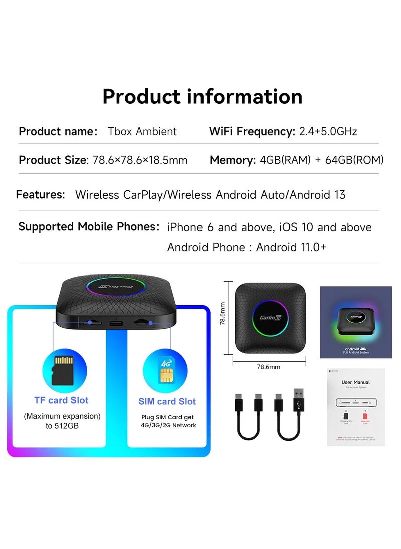 CarPlay Ai Box Android 13.0 with LED Light for Car(4+64GB)