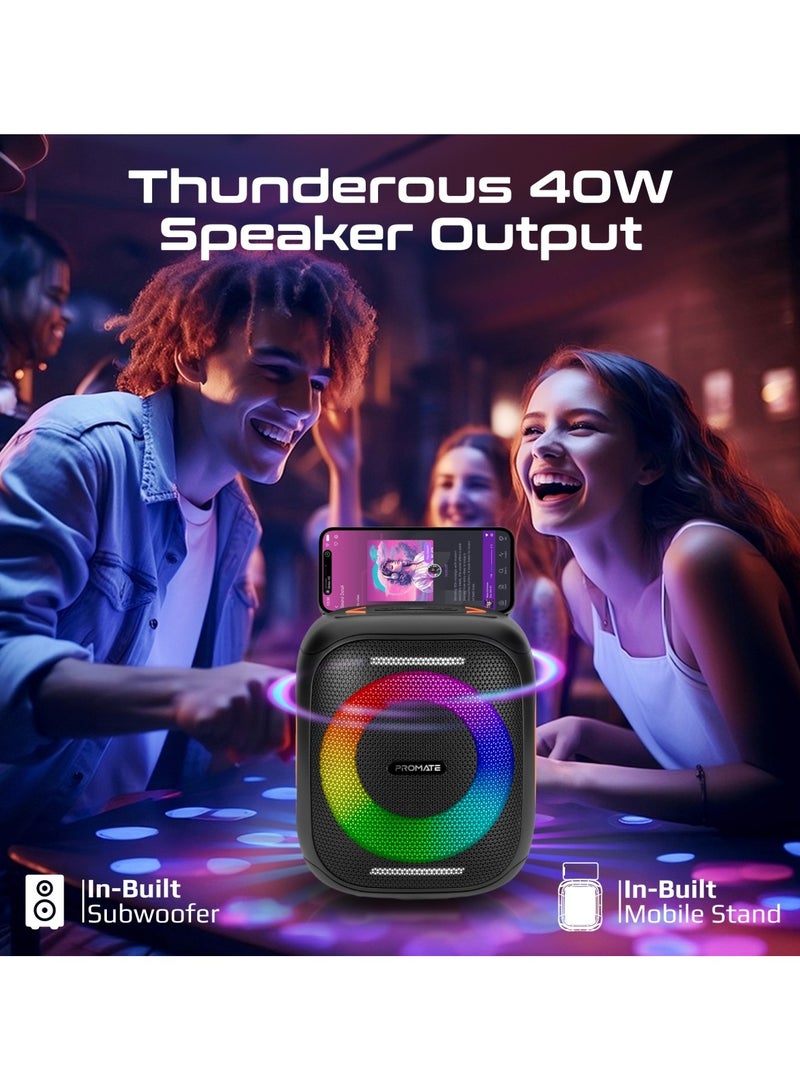 Portable Hi-Fi TWS Speaker With High-Fidelity Audio, Stunning RGB Light Modes, Long 6-Hour Playtime, Water-Resistant Build, Handy Phone Stand, Lightweight Design, and Universal Compatibility, Strike-40 Black