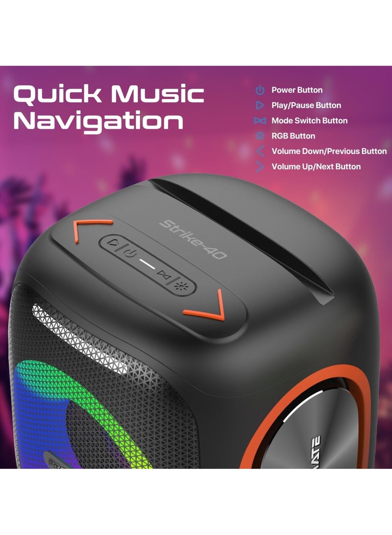 Portable Hi-Fi TWS Speaker With High-Fidelity Audio, Stunning RGB Light Modes, Long 6-Hour Playtime, Water-Resistant Build, Handy Phone Stand, Lightweight Design, and Universal Compatibility, Strike-40 Black