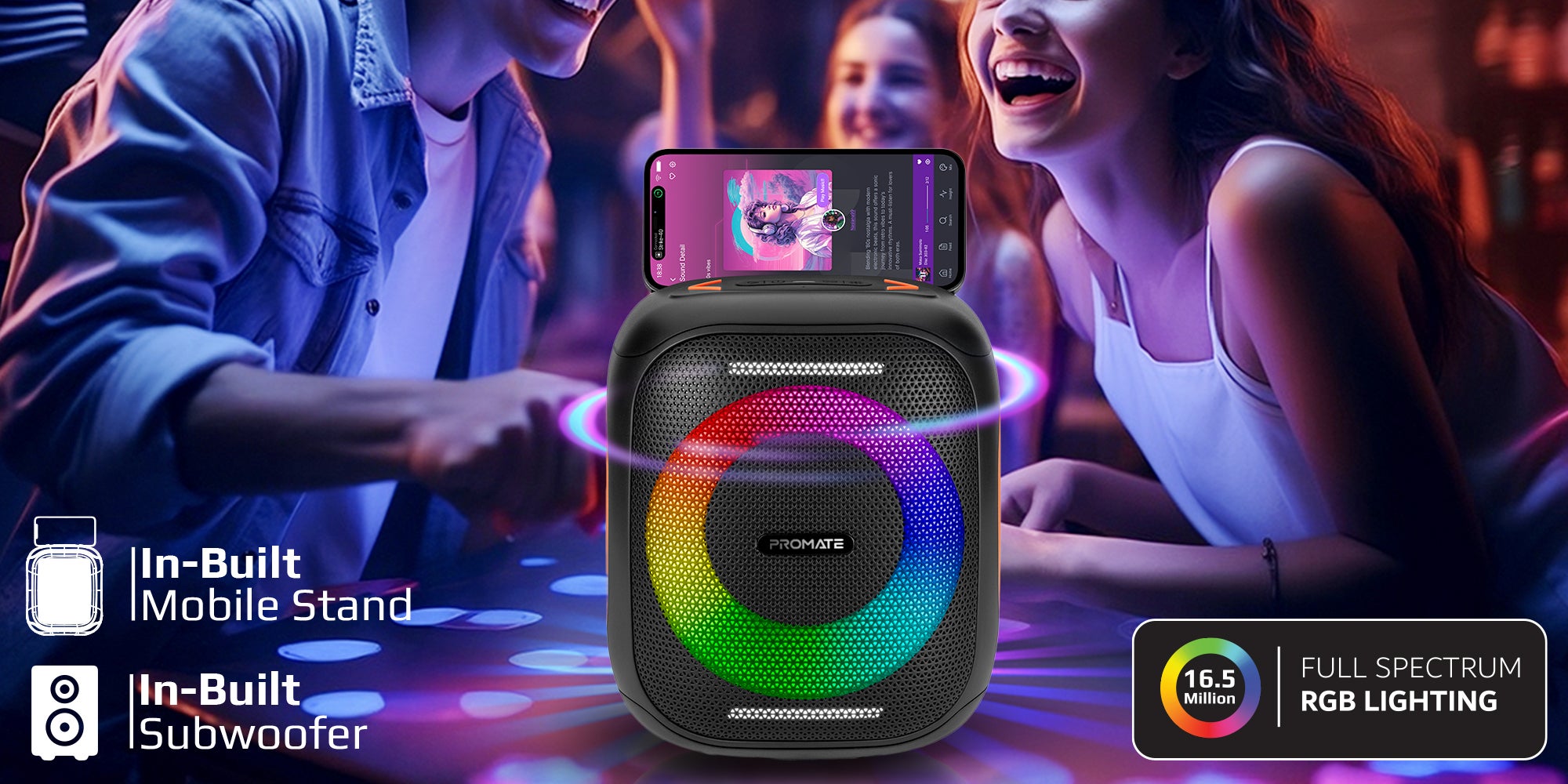 Portable Hi-Fi TWS Speaker With High-Fidelity Audio, Stunning RGB Light Modes, Long 6-Hour Playtime, Water-Resistant Build, Handy Phone Stand, Lightweight Design, and Universal Compatibility, Strike-40 Black